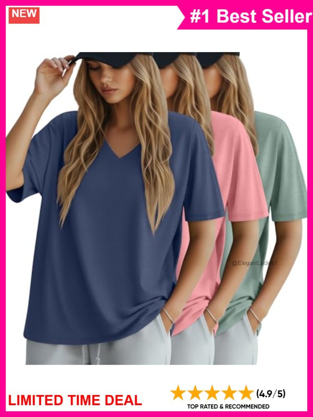 Women's Oversized Cotton V Neck T Shirt Loose Fit 3 Pack